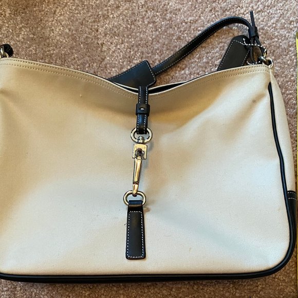 Coach Clip Lock Canvas & Black Leather Trim Shoulder Bag Handbag Vintage 7774 - Picture 3 of 9